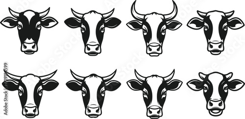 Eight stylized cow head vector illustrations, black and white artwork featuring diverse facial markings, ear shapes, and horn variations