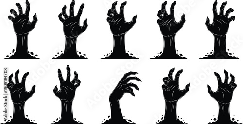 Zombie hands silhouettes emerging from ground in multiple poses, creepy horror illustration set showing undead grasping gestures, fear, danger, Halloween theme in black and white