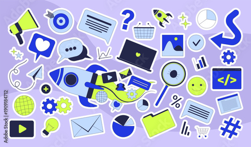 Startup marketing and digital UI colorful die-cut sticker sheet. Data analytics. Business social media. Flat cartoon collage design. Vector illustration. Labels pack for journaling, scrapbooking