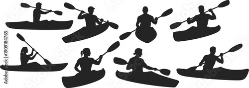 Silhouettes of people kayaking with paddles in various positions, highlighting outdoor water sports, recreation, adventure, and dynamic movement on rivers or lakes.