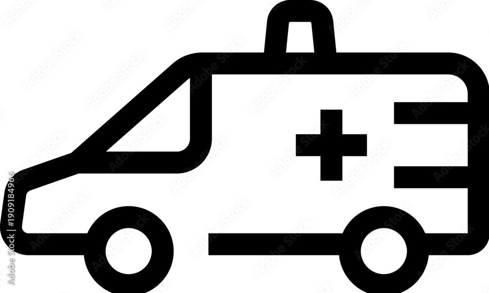 Obraz premium Ambulance outline icon representing emergency medical transport, first aid and urgent care for hospitals, clinics and rescue services, simple line art for web and app use