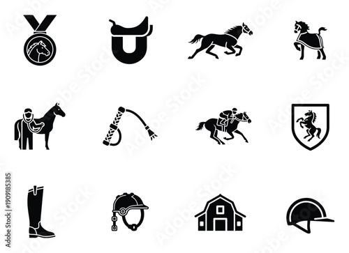 Equestrian Horse Riding Icons Vector Set Transparent Background, Black Silhouette Icons Set Medal Horseshoe Running Horse Jockey Whip Jockey Shield Helmet Stable Helmet Isolated