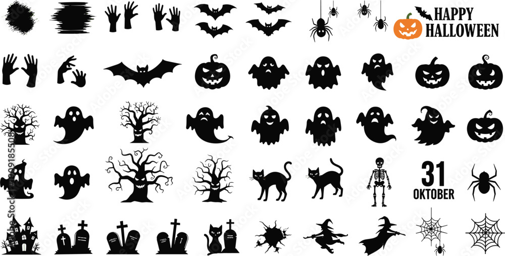 Obraz premium Halloween spooky silhouettes, bats ghosts witches, haunted house vector illustration, festive decorative design, creepy pattern motif, seasonal party art concept