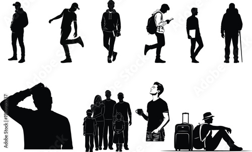 Silhouette of people in various poses and activities
