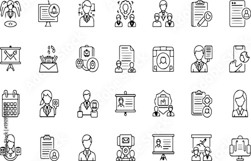 Human Resources and Recruitment Outline Vector Icon Set. HR Management, Job Interview, Employee Onboarding, Teamwork, Presentation, Document, Calendar, User Profile Icons