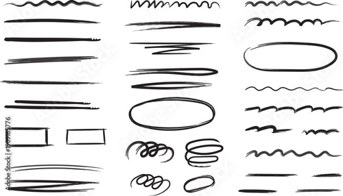 Hand-Drawn Black Marker Highlight Strokes and Underline Marks, Scribble Circles and Wavy Lines Set on Transparent Background. Freehand Brush Elements with Doodle Shapes for Creative Crayon Designs.