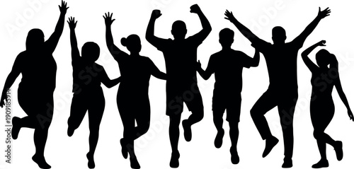 Diverse group of people silhouetted with raised arms celebrating and jumping joyfully