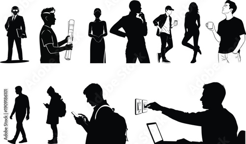 Silhouettes of business professionals in various poses and activities