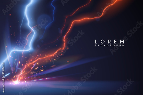 Red and blue lightnings with sparks and rays effects