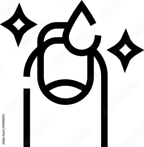 Nail representing a finger receiving a drop of cosmetic liquid with sparkling elements, symbolizing beauty care, hygiene, and a perfect, shiny finish for a manicure