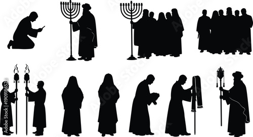 "Vector illustration of religious silhouettes featuring prayer, menorah, scrolls, torches, ceremonial figures, symbolic black and white artwork design"