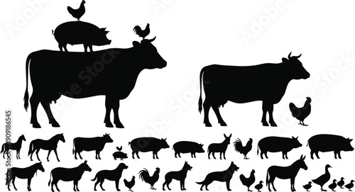 Farm animal silhouettes collection, cow pig chicken horse donkey icons, barnyard figures, livestock decoration, black animal shapes, isolated vector illustration design