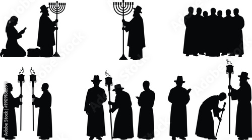 "Vector illustration of religious silhouettes featuring prayer, menorah, torches, scrolls, ceremonial figures, symbolic black and white spiritual artwork design"
