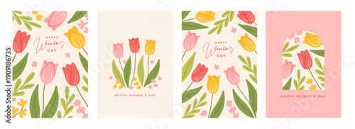 Happy Women's Day beautiful spring card set with flowers. International Women's Day posters with hand drawn tulips red, pink, yellow colors, floral frames. Vector template for holiday banner, cover.