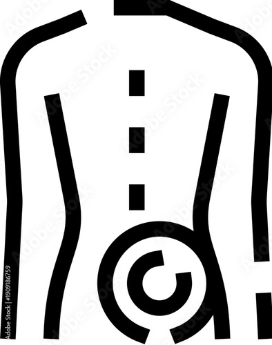 Human torso outline highlighting lower lumbar area to show back pain, ache or injury in the musculoskeletal system, medical illustration for diagnosis, therapy and rehabilitation