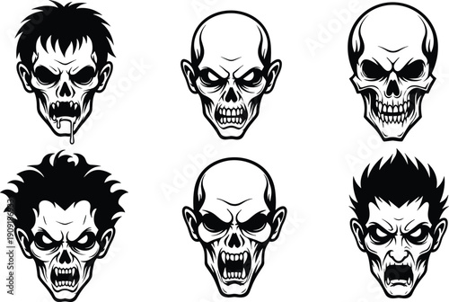 "Vector illustration of zombie and skull faces with horror expressions, creepy silhouettes, scary character artwork, Halloween black and white design"