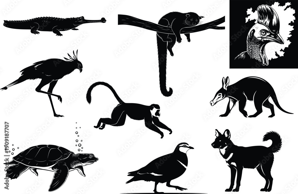 Fototapeta premium Collection of animal silhouettes including mythical and real creatures