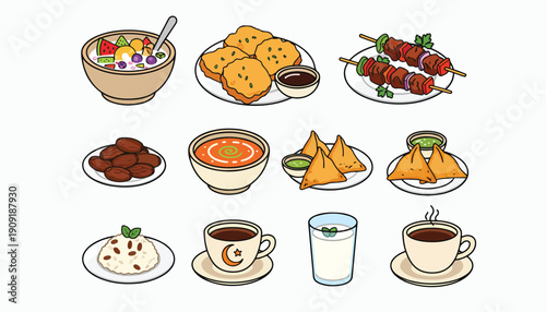 A collection of delicious and diverse food items, from savory snacks to sweet treats and refreshing beverages