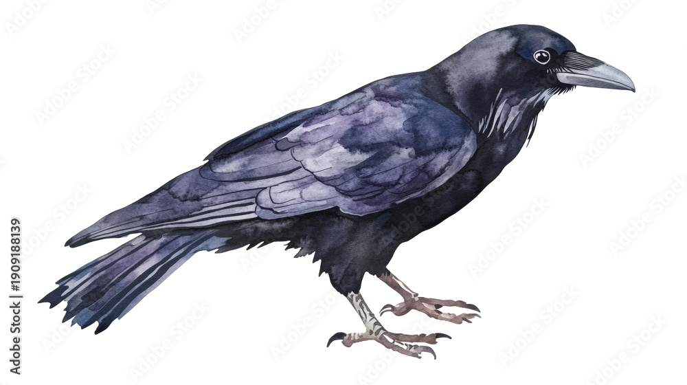Fototapeta premium Watercolor illustration of a raven in profile on transparent background, detailed purple-black plumage and realistic beak and feet, elegant artistic bird painting