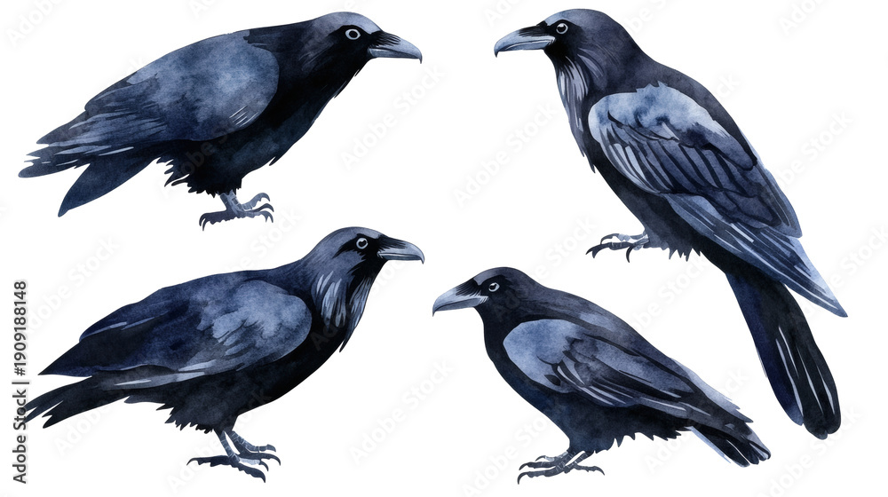 Fototapeta premium Watercolor illustration of a raven in profile on transparent background, detailed purple-black plumage and realistic beak and feet, elegant artistic bird painting