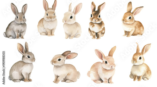 Three watercolor painted rabbits sitting side by side on white background, pastel tones, cute realistic illustration, each rabbit different color (brown, gray, white)