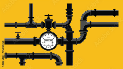 Vintage-style utility water meter and plumbing system vector illustration