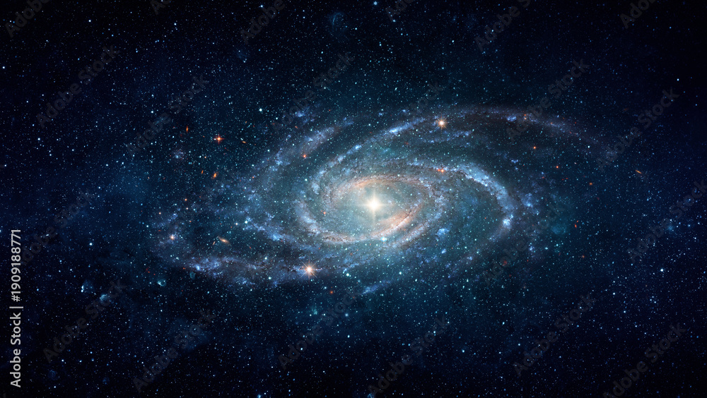 Fototapeta premium Spiral galaxy in deep space surrounded by stars and cosmic dust. Astronomical collage showing the structure of the universe, galaxies, star systems. Elements of this image furnished by NASA.