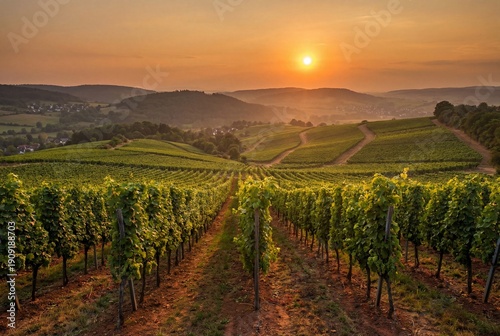 Wallpaper Mural A sweeping panoramic view of a lush vineyard along the hessian mountain road, bathed in warm sunset light with rolling hills and mist Torontodigital.ca