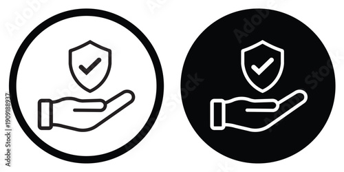 Minimalist icon featuring a hand cradling a protective shield with a checkmark. Represents secure protection, insurance coverage, safety, and guaranteed data privacy.