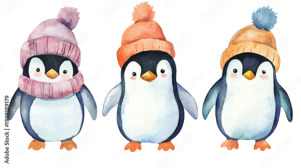 Fototapeta premium Three cute watercolor penguins wearing knit hats and scarves, standing in a row on transparent background