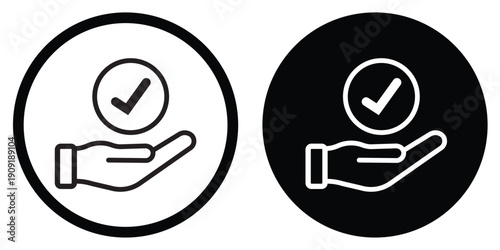 Professional vector icon of a human hand holding a checkmark circle. Symbolizes approval, verified service, quality assurance, and completed tasks in outline and solid styles.