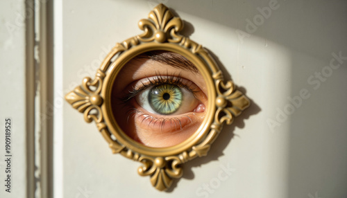 A single green eye with amber flecks peeking out from the keyhole