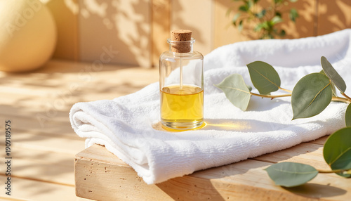 A bottle of amber massage oil on a wooden bench with a snow-white cotton towel