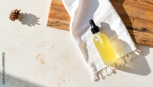 A bottle of essential oil lies on a fringed linen towel