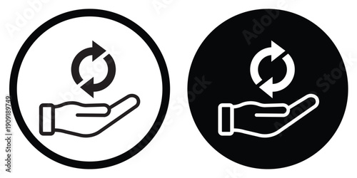 Vector icon of a hand holding a circular refresh or recycle symbol. Represents sustainability, circular economy, process renewal, and environmental care in outline and solid styles.