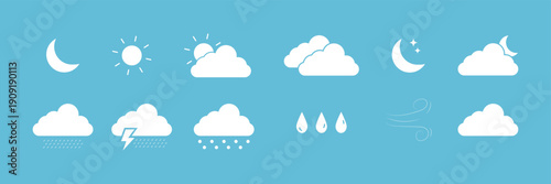 Minimal Weather Forecast Icon Set, Black Meteorology Symbols Collection. Weather Forecast Symbols Set, Rain Snow Storm Wind Icons vector.  weather icons depicting sun clouds rain, moon, stars and more