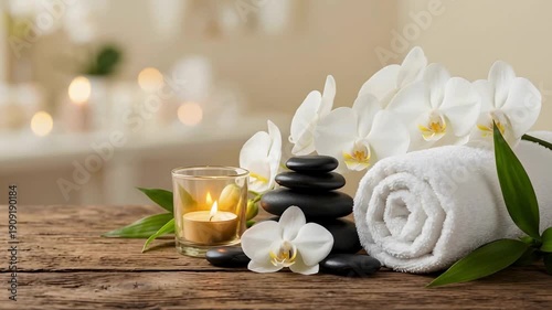 Tranquil spa setup with hot stones, orchids, and a rolled towel, perfect for relaxation and wellness