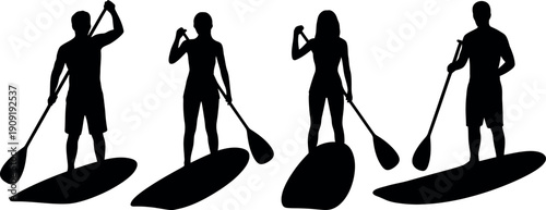 Silhouettes of men and women stand up paddleboarding with paddles isolated on transparent background