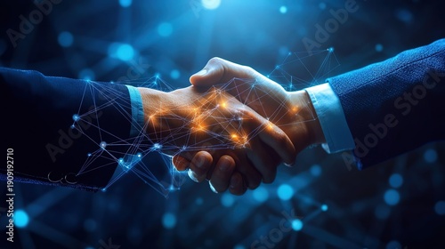 Businessmen shaking hands against digital network connection background, polygonal graphics technology business concept, internet exchange and cooperation