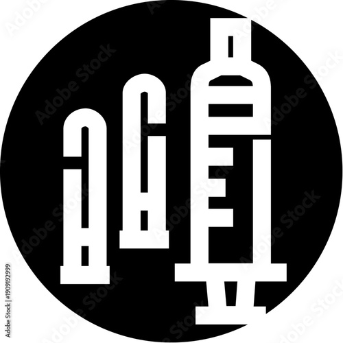 Syringe with measurement markings alongside two curved vials, symbolizing medical treatment, vaccinations, and health prevention within a circular black icon