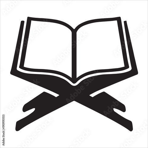 Black Silhouette Open Holy Book on Traditional Rehal Stand Religious Icon Vector