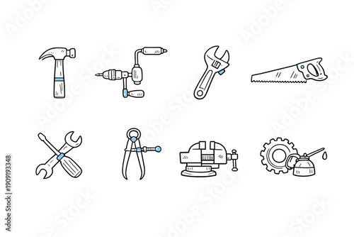 Collection of hand-drawn tools and equipment for repair and construction work