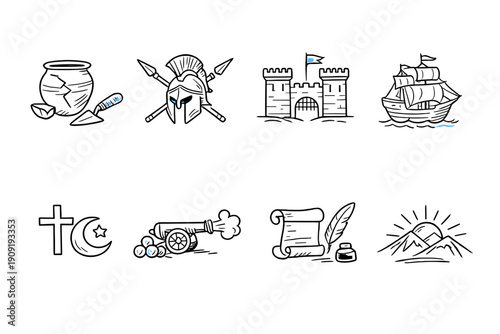 Collection of historical icons representing ancient civilizations, warfare, and exploration