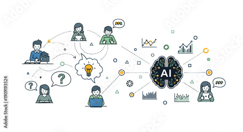 An intricate network illustration depicts artificial intelligence connecting diverse individuals and data points, symbolizing collaborative innovation and digital transformation.