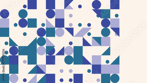 Geometric shapes in various blue shades on beige background
