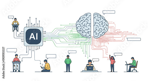 Conceptual illustration depicting artificial intelligence processing data and interacting with diverse individuals in various modern work and study settings.