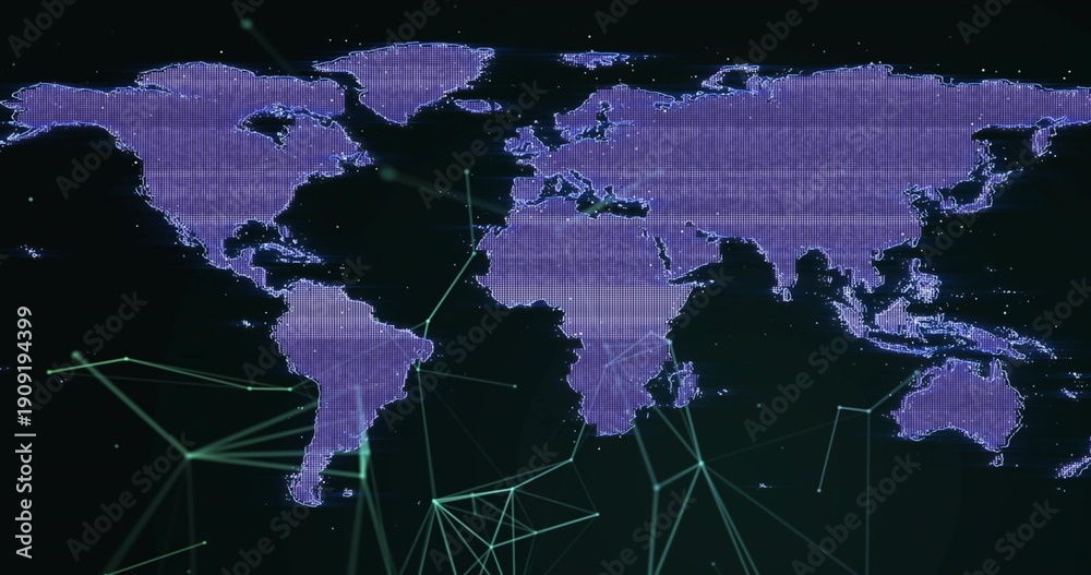 Naklejka premium Displaying purple dotted world map on dark GUI, showing teal nodes, lines, wireframes, scanlines