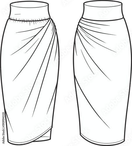 Draped pencil skirt fashion flat sketch, high waist wrap design with front and back view, cad drawing flat vector illustration