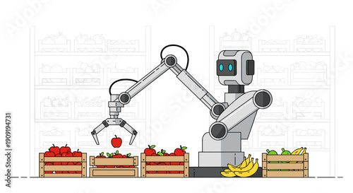 An advanced robotic arm precisely sorts fresh produce, including apples and bananas, into wooden crates, showcasing modern automation in agriculture.
