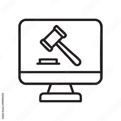 Online Justice and Digital Law Icon - Judge Gavel on Computer Monitor Line Art Vector